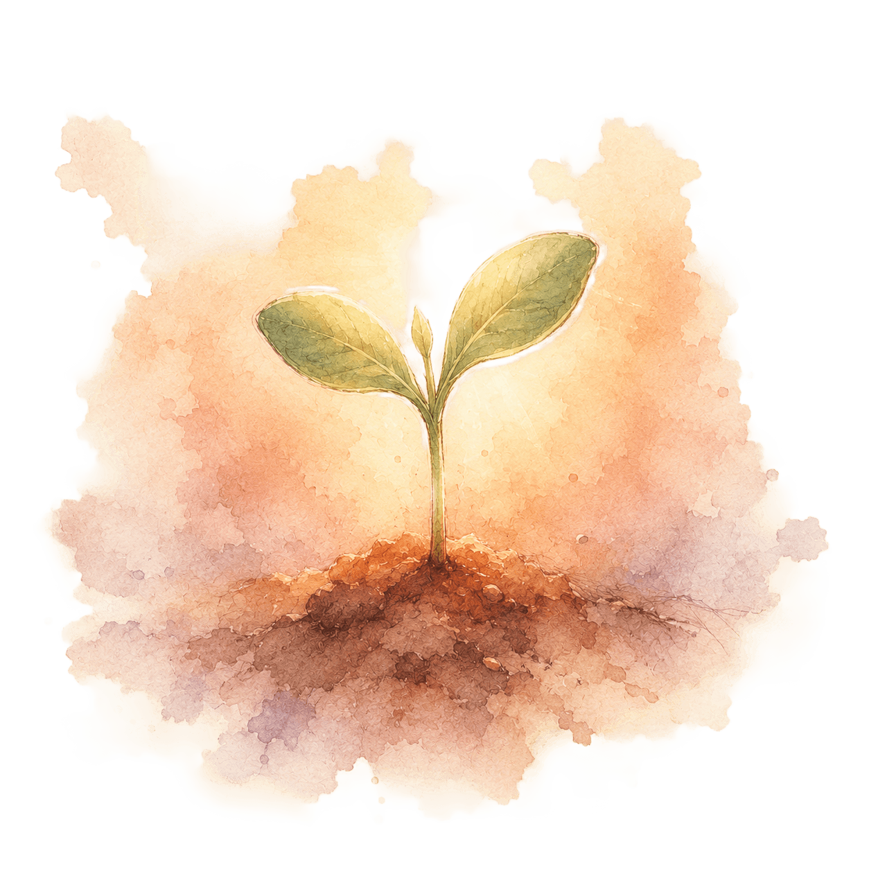 Illustration aquarelle d'une jeune pousse délicate s'élevant vers la lumière, symbole d'une vocation naissante.